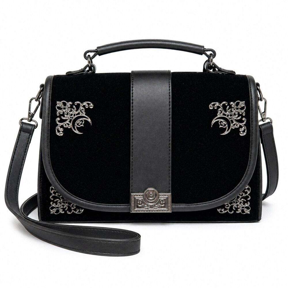 Killstar Gothic Black Velvet Satchel Handbag Purse Medium Silver Filigree NWOT - Picture 3 of 16